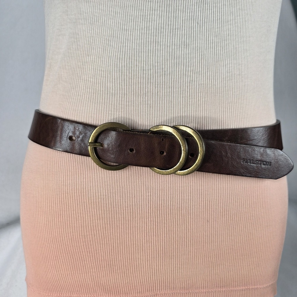 Vintage HALSTON Brown Leather Belt Solid Brass Multi O-Ring Buckle Size 28-32"